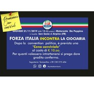 FORZA ITALIA INCONTRA LA CIOCIARIA. GIOVEDI 21 NOVEMBRE 2019 ORE 18,00 PRESSO IL RISTORANTE DA PEPPINO LOC.SAN SOSIO, ARPINO.