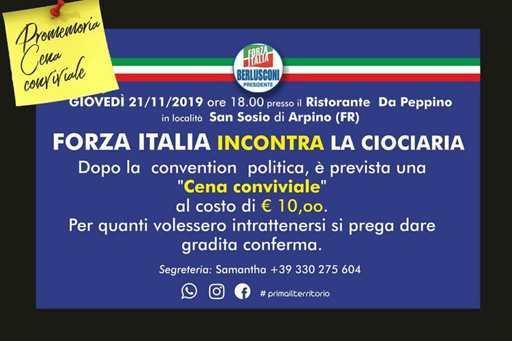 FORZA ITALIA INCONTRA LA CIOCIARIA. GIOVEDI 21 NOVEMBRE 2019 ORE 18,00 PRESSO IL RISTORANTE DA PEPPINO LOC.SAN SOSIO, ARPINO.