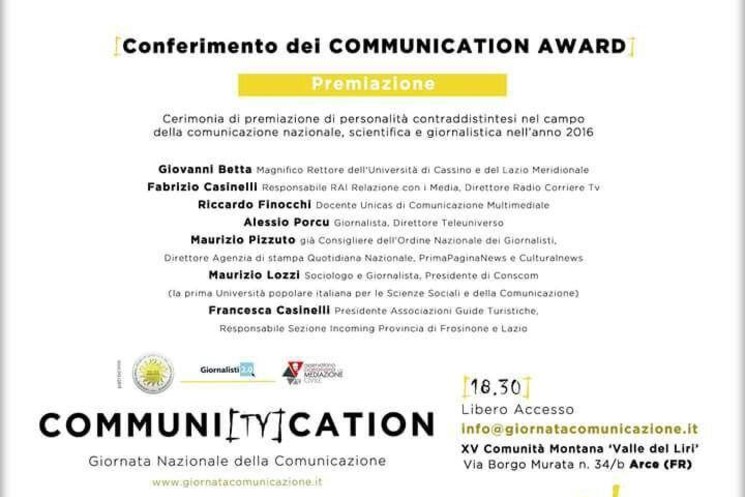 GIORNATA NAZIONALE COMUNICAZIONE, ‘COMMUNICATION AWARD’: ECCO CHI SARANNO I PREMIATI